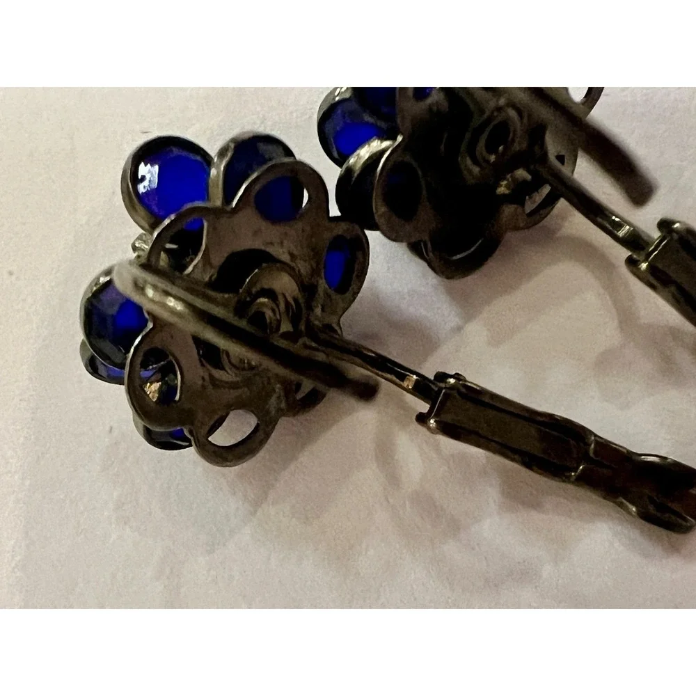 Vintage Cobalt Blue Glass‎ Floral Clip On Earrings Art Deco Rhinestone Flower